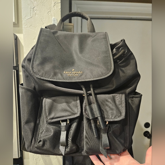 Kate Spade Black Carley Flap Nylon Drawstring Backpack w / Pockets - Picture 10 of 10